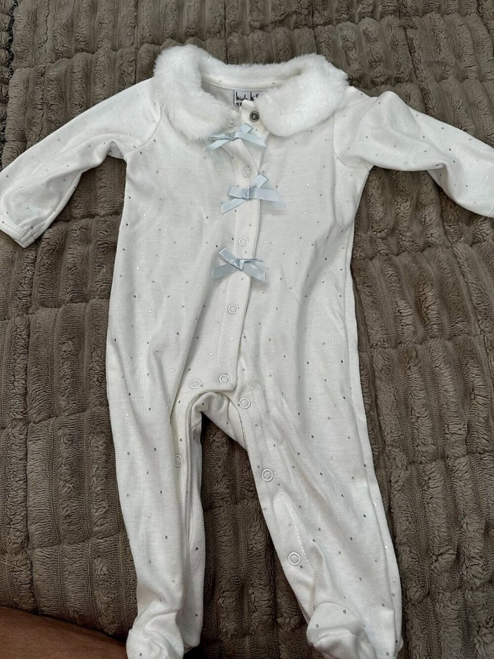 Nicole Miller New York Baby Footed Onesie with Faux Fur Collar, White with Blue
